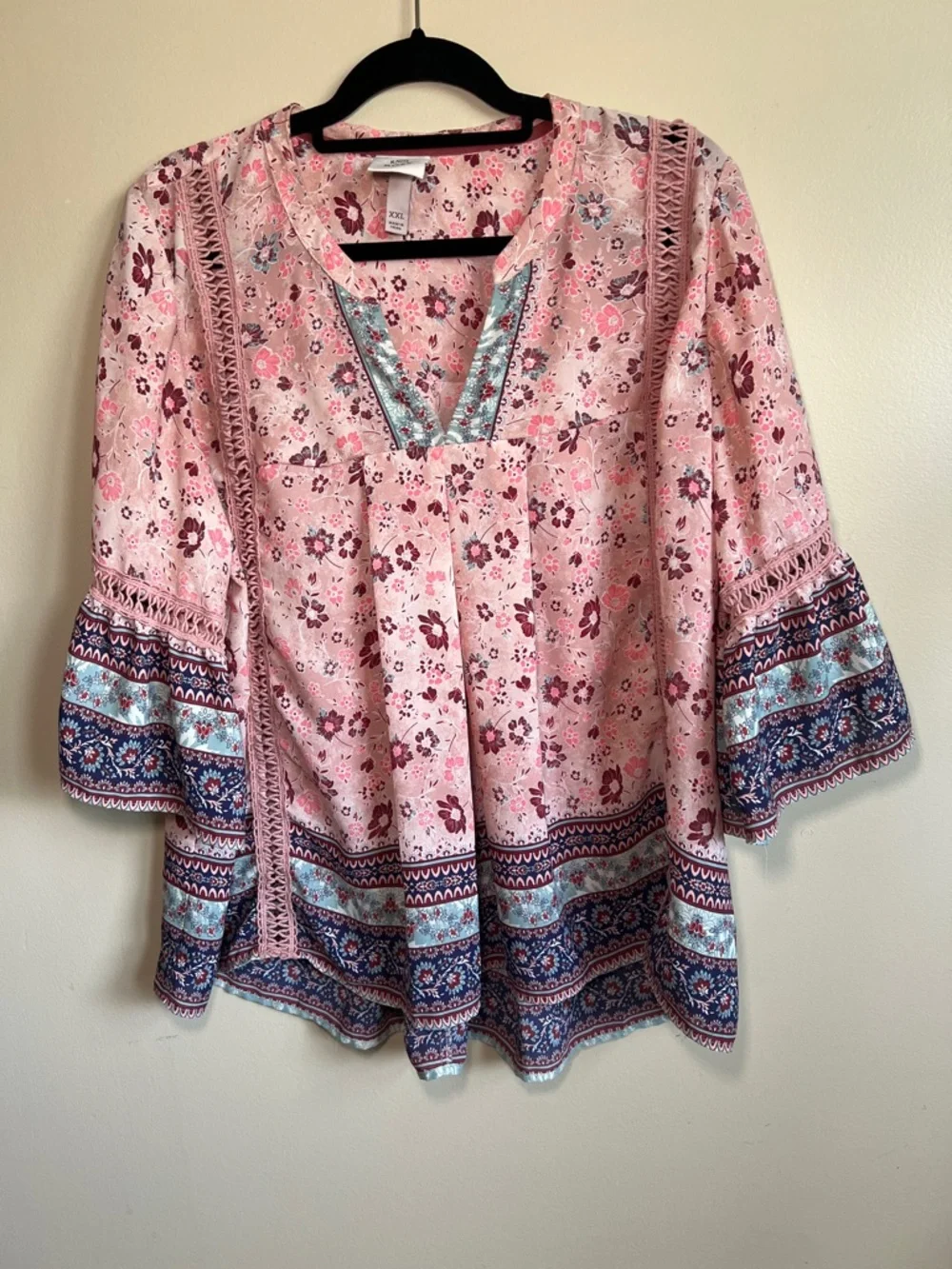 Knox Rose XXL Pink Floral Boho Peasant Blouse Bell Sleeve Top - Picture 1 of 9